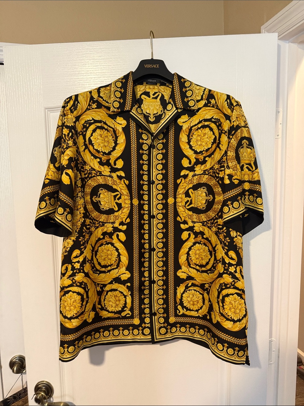 Versace Black and Gold Ornate Baroque Short Sleeve Shirt
